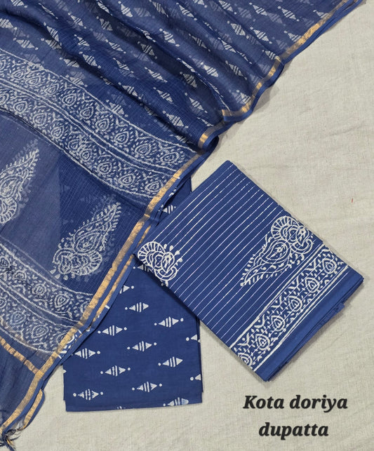 Royal Blue Striped & Paisley Cotton Suit with Kota Doriya Dupatta