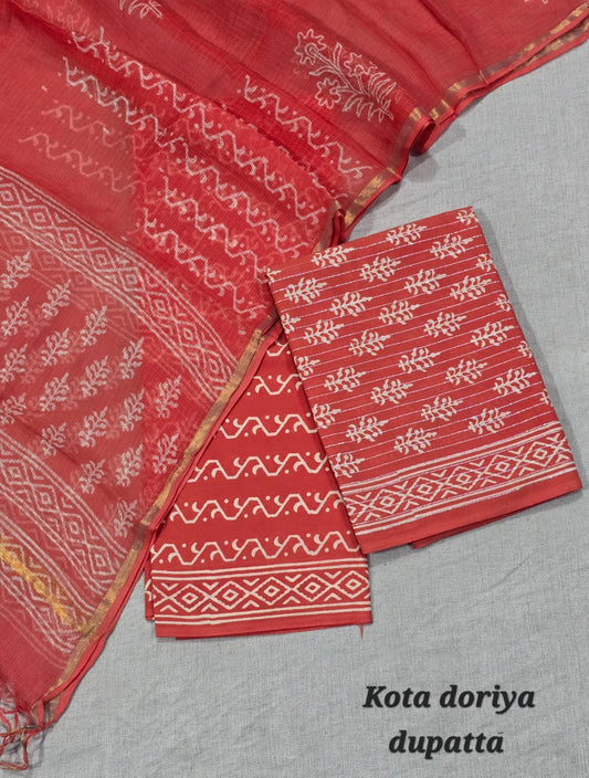 Brick Red Hand Block Printed Cotton Suit with Kota Doriya Dupatta