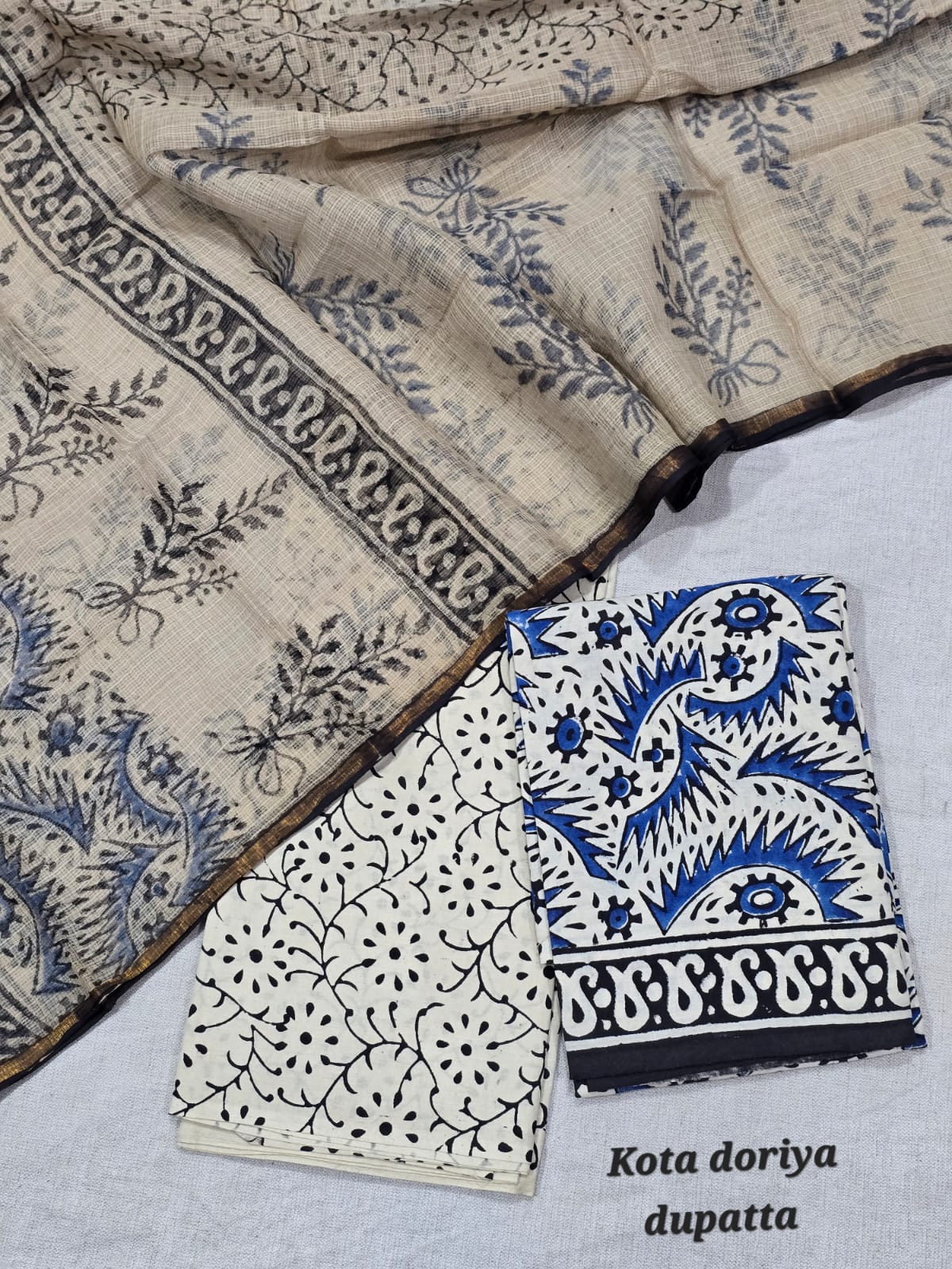 Off-White & Royal Blue Floral Hand Block Cotton Suit with Kota Doriya Dupatta