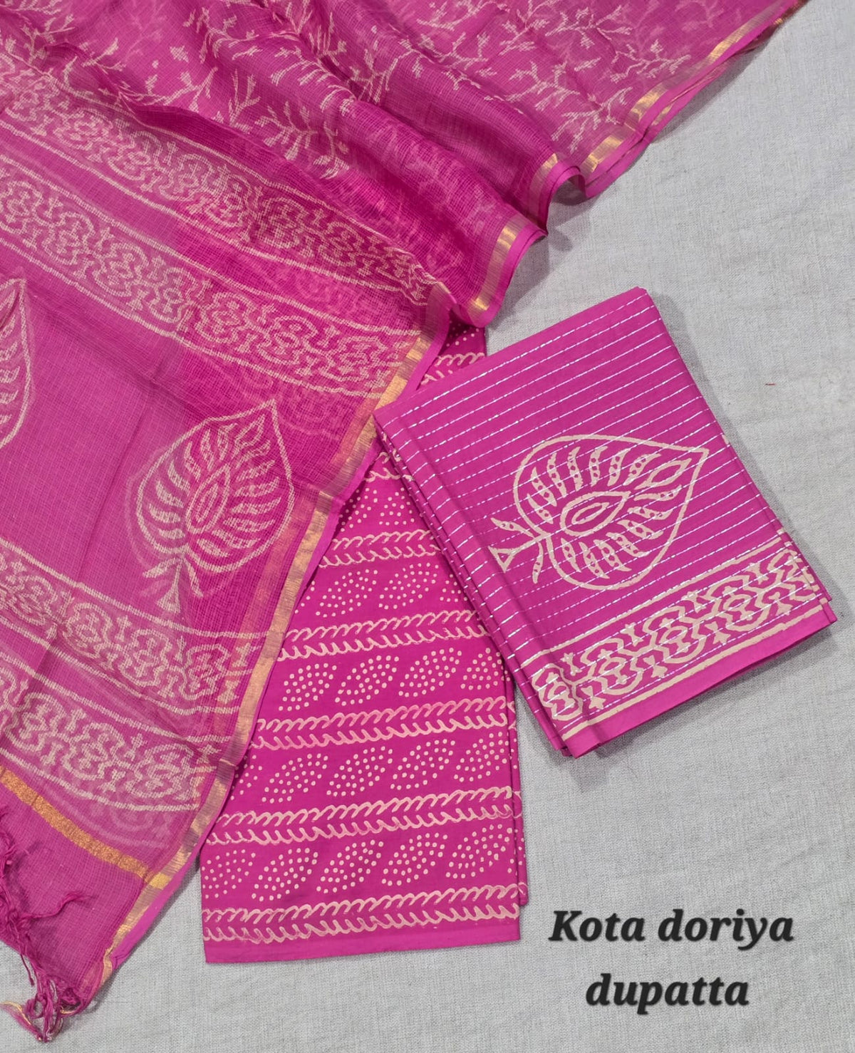 Magenta Pink Leaf Print Cotton Suit with Kota Doriya Dupatta