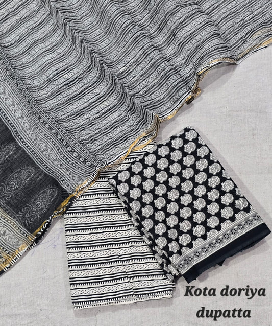 Monochrome Striped & Floral Block Print Cotton Suit with Kota Doriya