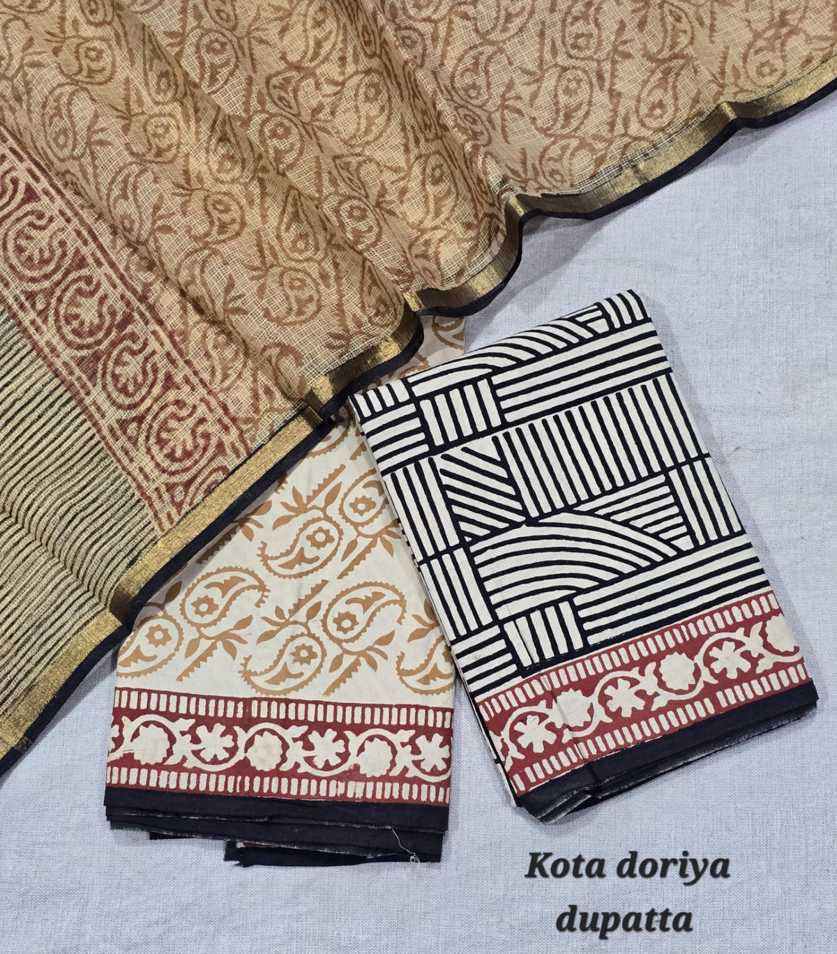 Beige & Maroon Geometrical Cotton Suit with Kota Doriya Dupatta