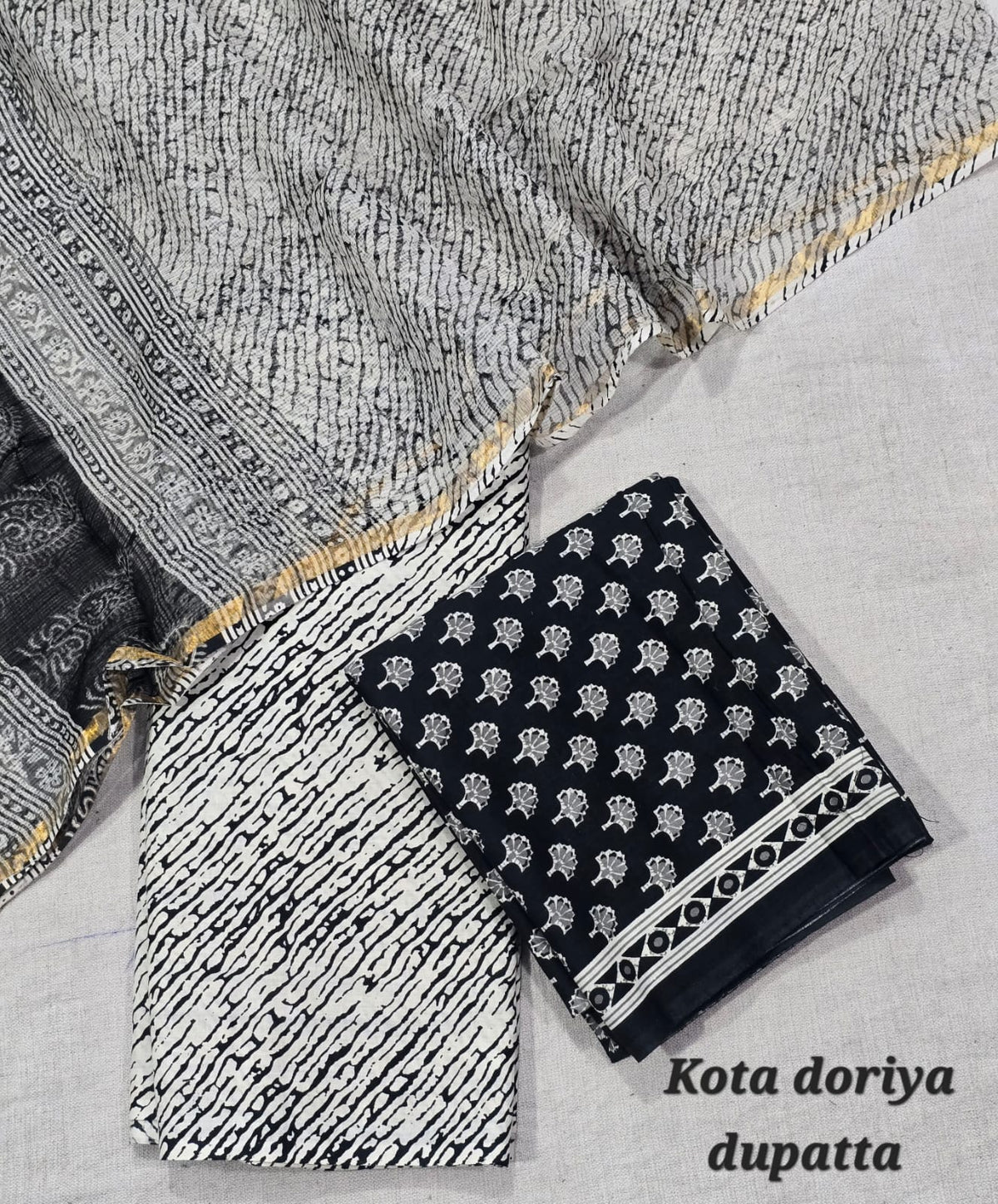 Black & White Textured Abstract Print Cotton Suit with Kota Doriya Dupatta