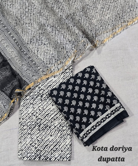 Black & White Textured Abstract Print Cotton Suit with Kota Doriya Dupatta