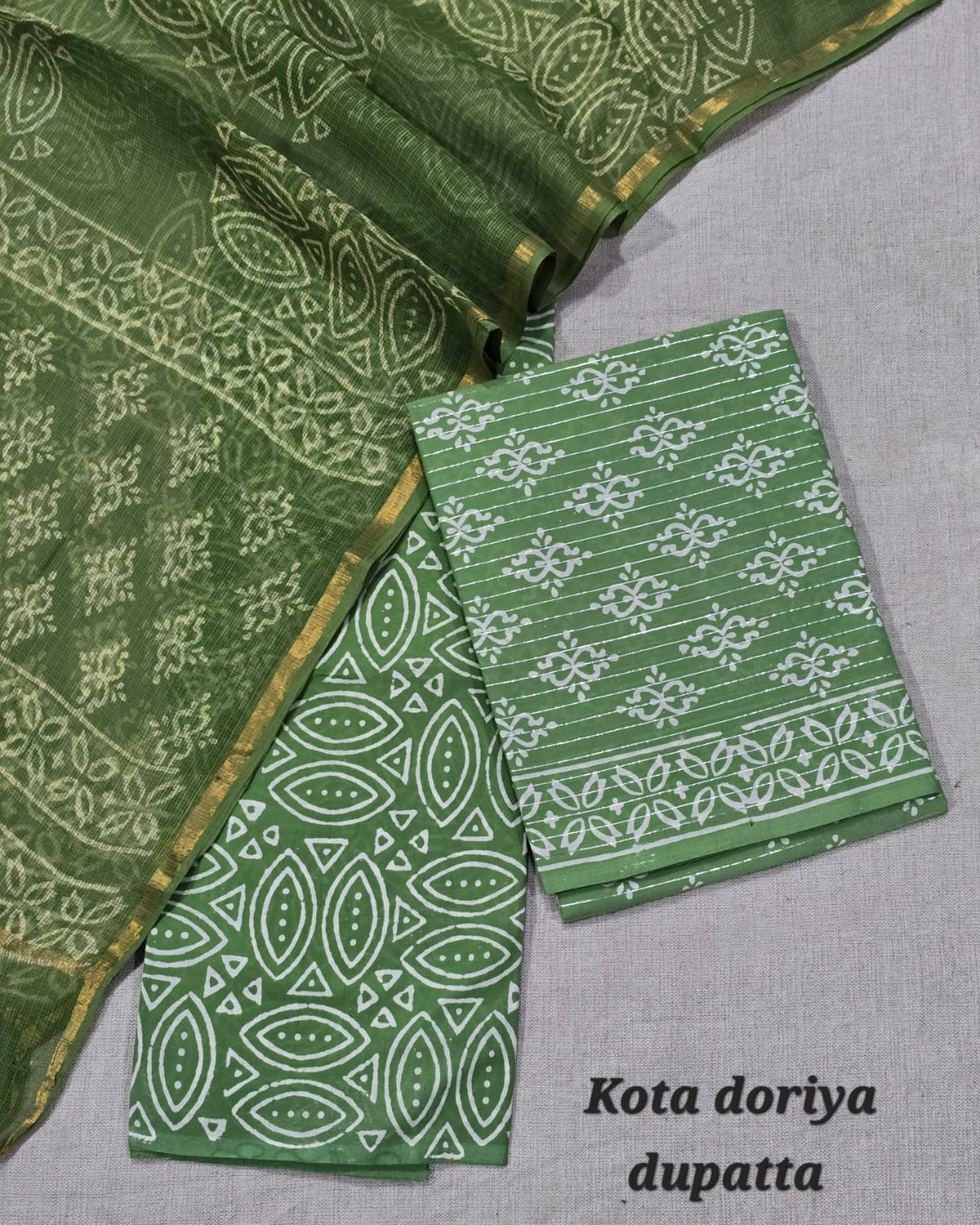 Leaf Green Geometric Block Print Cotton Suit with Kota Doriya Dupatta
