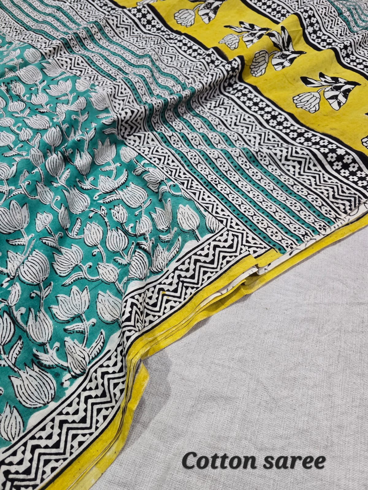 Mint Green & Yellow Floral Hand Block Cotton Mulmul Saree