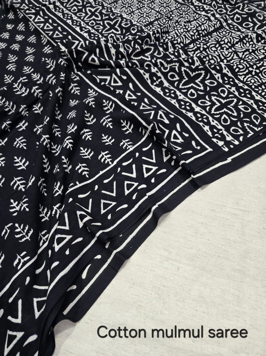 Black & White Geometric Block Print Cotton Mulmul Sare