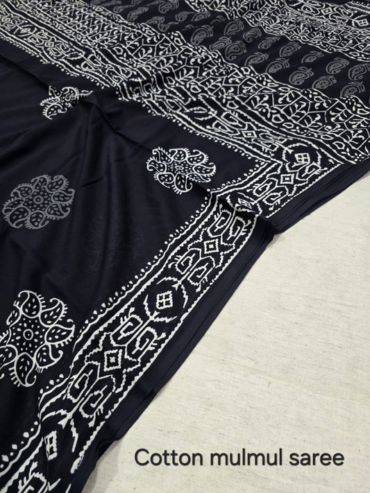 Classic Black & White Paisley Block Print Cotton Mulmul Saree