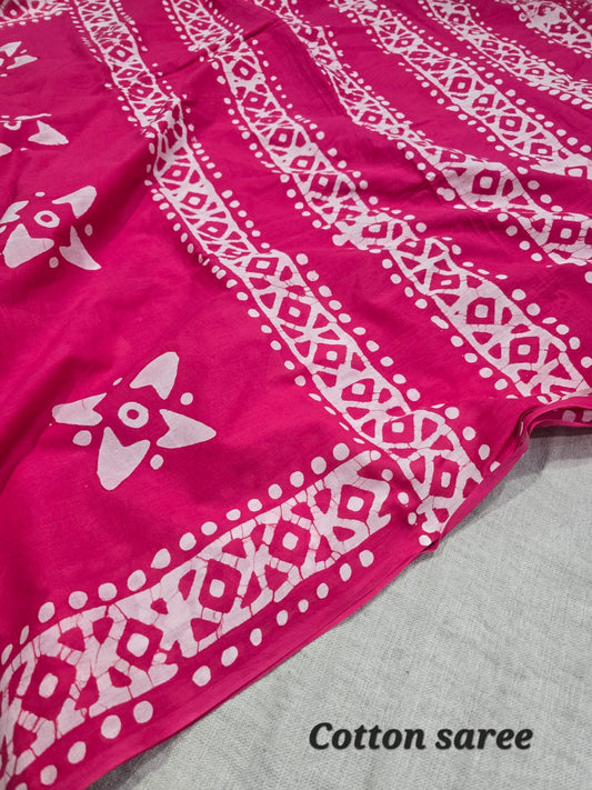 Magenta Pink Geometric Batik Print Cotton Mulmul Saree