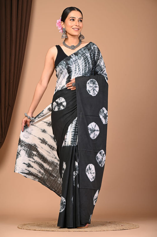 Monochrome Black & White Tie-Dye Cotton Mulmul Saree