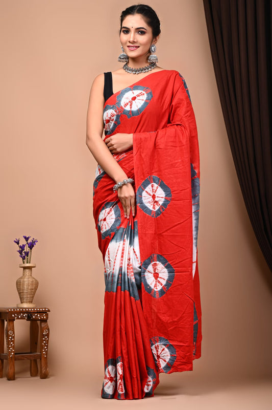 Vibrant Red & Grey Tie-Dye Pure Cotton Mulmul Saree