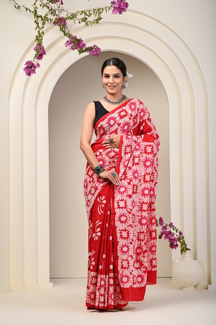 Hand Block Printed Cotton Mulmul Saree - 44