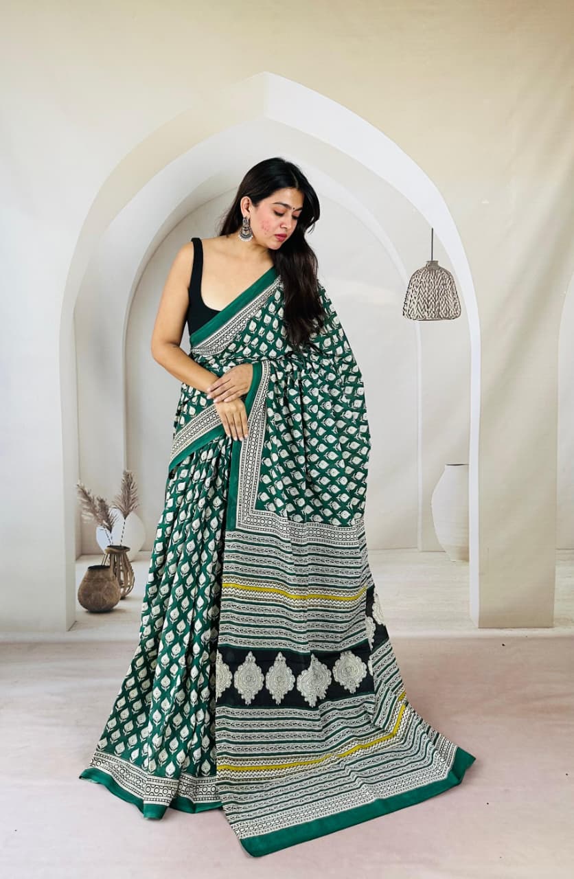 Hand Block Printed Cotton Mulmul Saree - 37