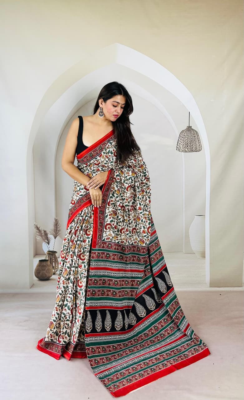 Hand Block Printed Cotton Mulmul Saree - 35