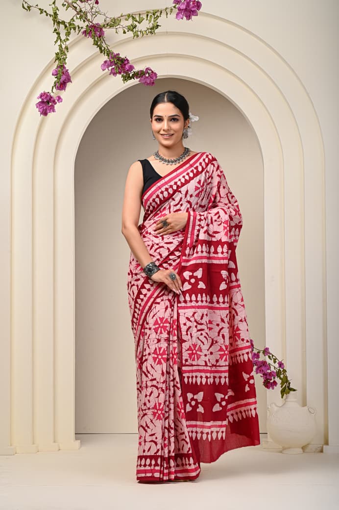 Hand Block Printed Cotton Mulmul Saree - 43