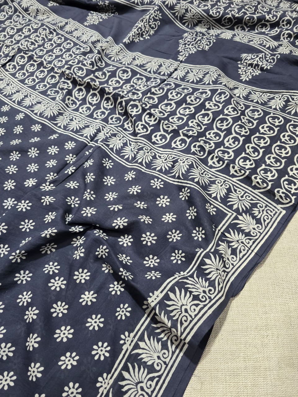 Hand Block Printed Cotton Mulmul Saree - 01