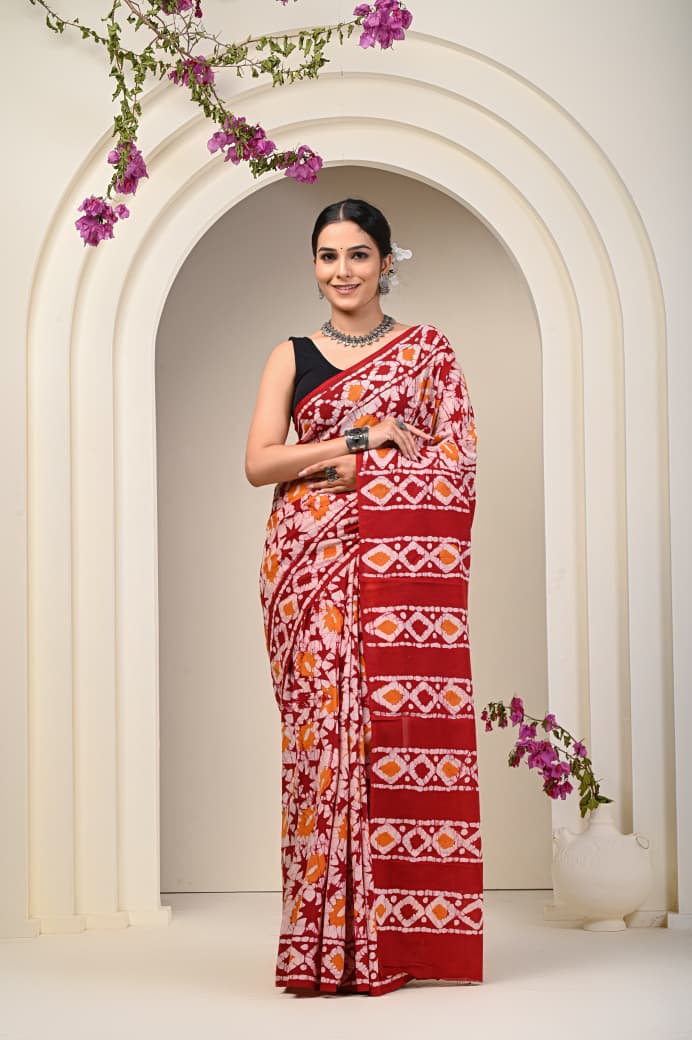 Hand Block Printed Cotton Mulmul Saree - 36