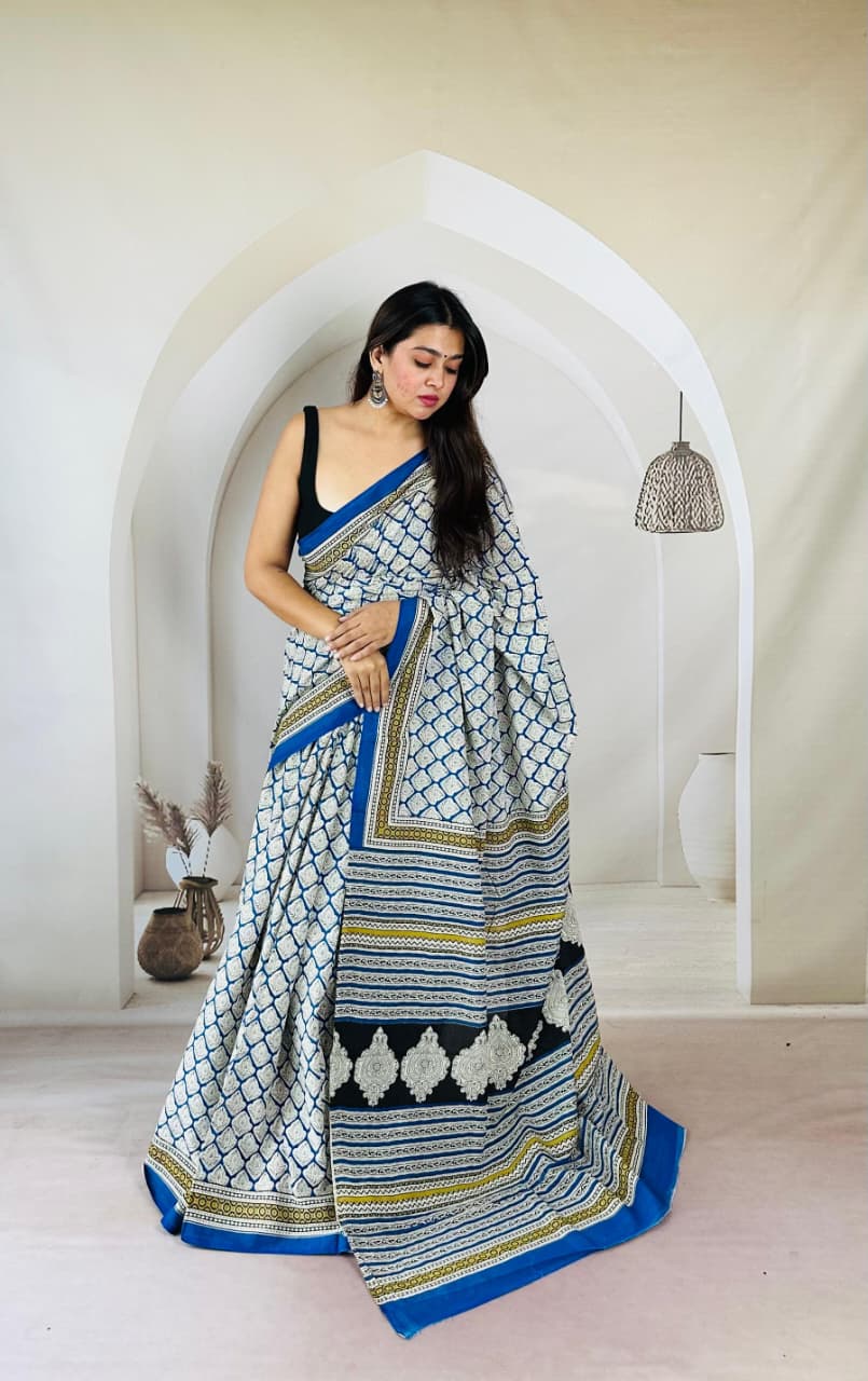 Hand Block Printed Cotton Mulmul Saree - 34