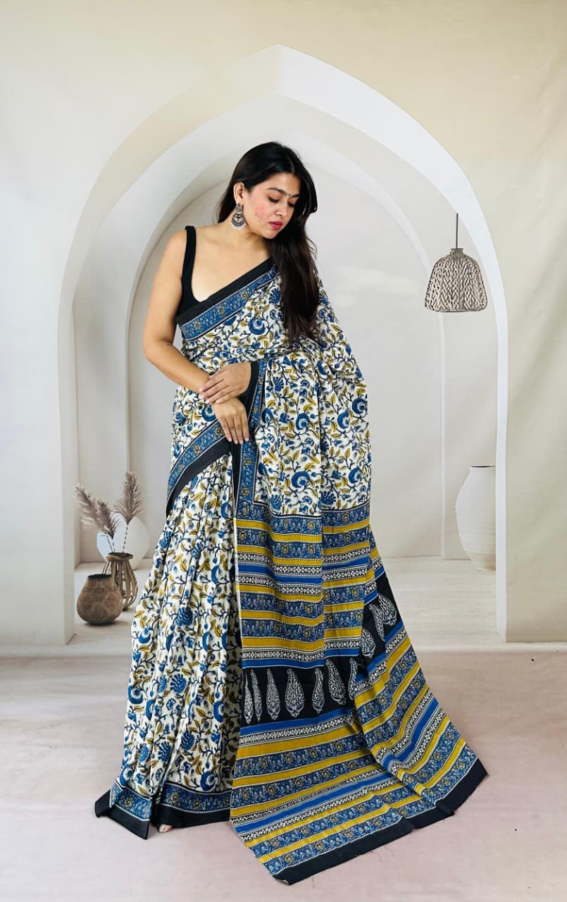 Hand Block Printed Cotton Mulmul Saree - 27