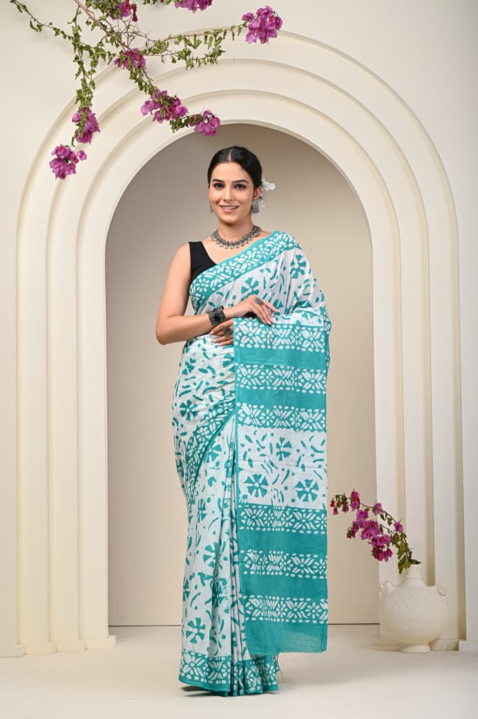 Hand Block Printed Cotton Mulmul Saree - 39